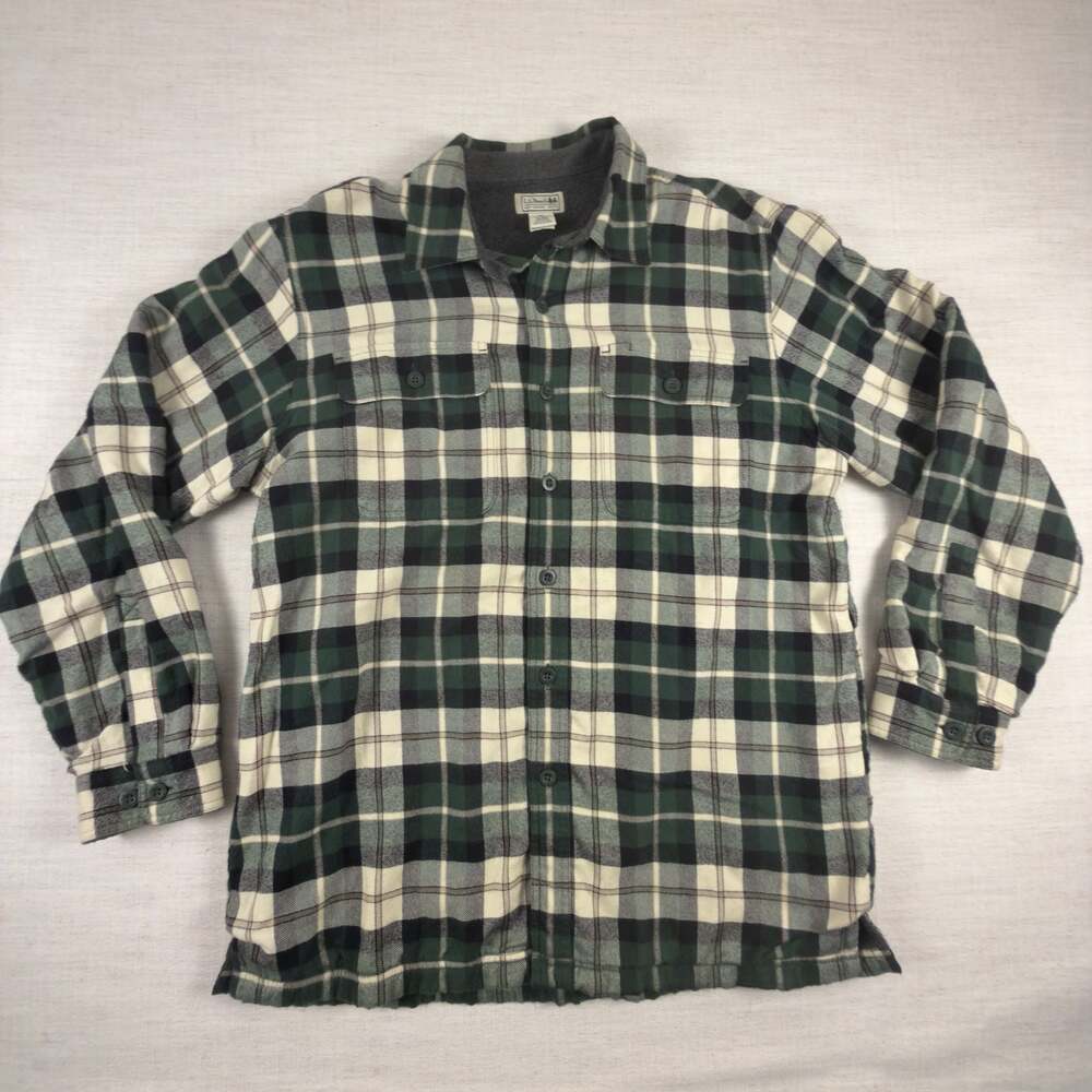 L.L.Bean Fleece-Lined Flannel Shirt Green Plaid Size M-REG